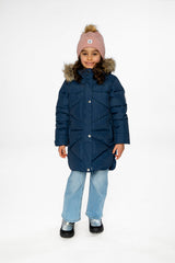 Child wearing the Deux par Deux long dark blue puffer coat, lookbook photo 1