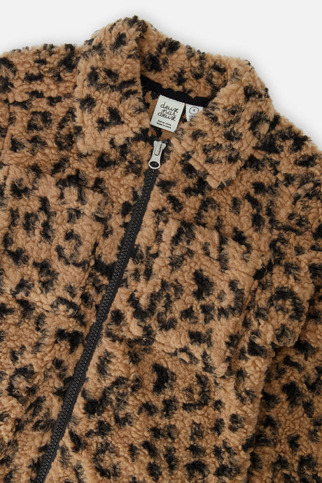Deux par Deux girls sherpa zip overshirt in leopard print, product view 3