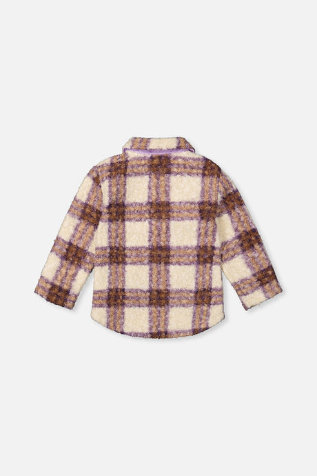 Deux par Deux girls sherpa zip overshirt in beige and mauve plaid, product view 2