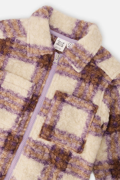 Deux par Deux girls sherpa zip overshirt in beige and mauve plaid, product view 3