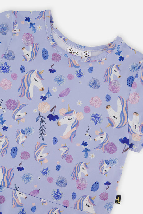 Deux par Deux Short Sleeve Dress Purple Unicorn Print