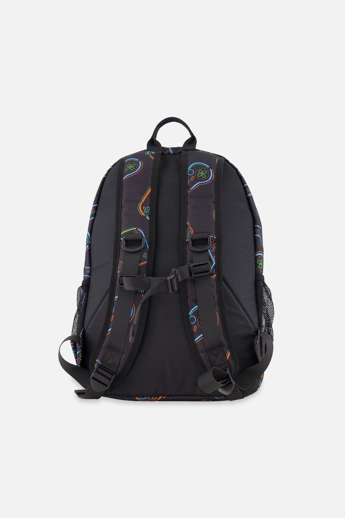 Back view of Black controller-print school backpack showing padded adjustable shoulder straps.
