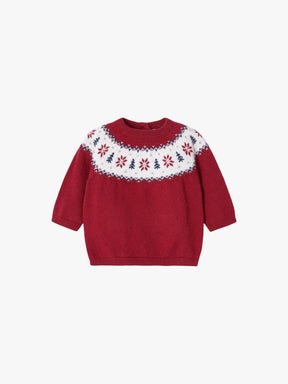 Front view of red baby sweater with ivory navy Fair Isle yoke