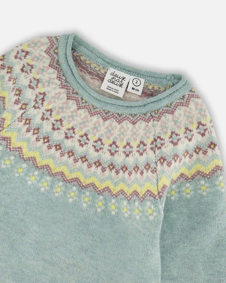 Jacquard Sweater Dress With Ribbed Skirt Jade Green | Deux par Deux | Jenni Kidz