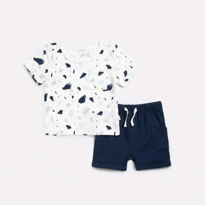Petit Lem baby boy Seaside Pebble Terrazzo organic cotton two-piece outfit set – front view