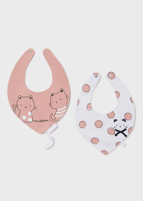 Two pink and white baby bibs with cat and dotted designs
