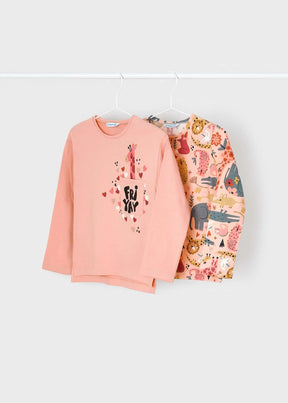 Peach giraffe graphic and multicolor animal-print Mayoral girls tops on hangers