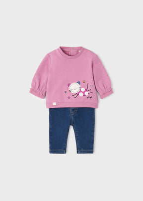 Front view of mauve cat sweatshirt and blue baby jeggings set