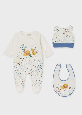 Ivory safari baby gift set with footed sleepsuit, hat and bib
