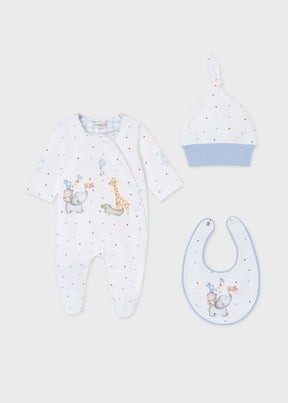 Blue three-piece baby gift set with sleeper, knot hat and bib