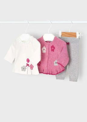 Pink cardigan white embroidered top and grey knit pants three-piece baby set
