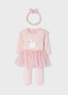 Front view of pink swan bodysuit tutu tights and bow headband set