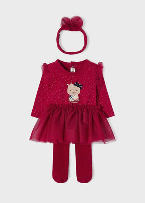 Front view of berry red baby bodysuit tutu tights and bow headband set