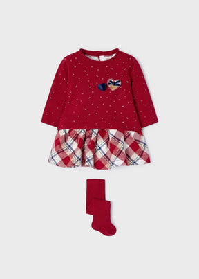 Red knit top plaid skirt and red tights baby girls three-piece set