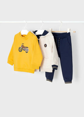Yellow scooter sweatshirt oatmeal zip hoodie and navy pants baby set