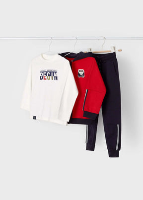 Red zip hoodie ivory graphic top and navy joggers boys set