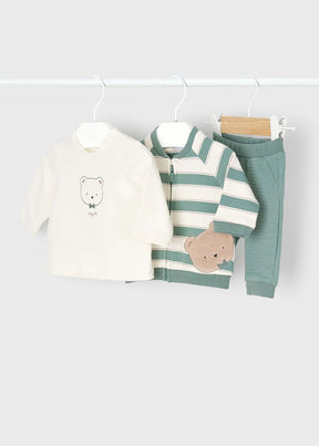 Mint and ivory newborn three-piece tracksuit with bear T-shirt and joggers