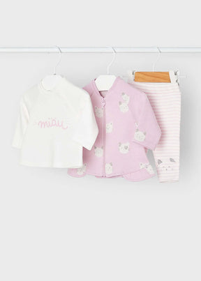 Pink cat-print baby jacket white top and striped leggings on hangers