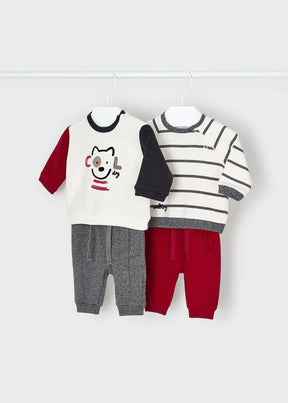 Two dog graphic sweatshirts with grey and red pants four-piece baby set