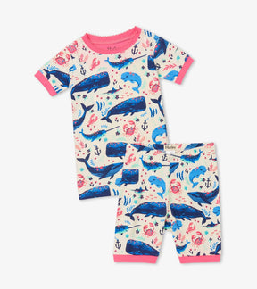 Hatley Aquatic Friends short pajama set with whale and sea-life print and pink trim