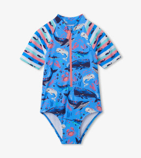 Front view of Hatley Aquatic Friends blue rashguard swimsuit with striped short sleeves