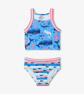 Front view of Hatley Aquatic Friends tankini with blue sea-animal top and striped bottoms