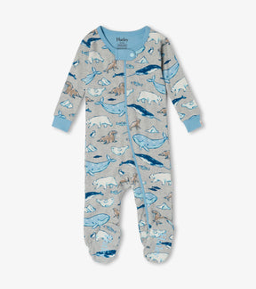 Hatley gray Arctic Animals footed coverall with blue zipper and cuffs