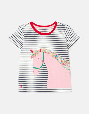Joules Astra Navy Stripe Floral Horse T-Shirt: front view with pink floral-maned horse