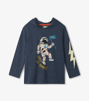 Hatley boys dark blue hooded tee with astronaut graphic and lightning bolt sleeve, front view