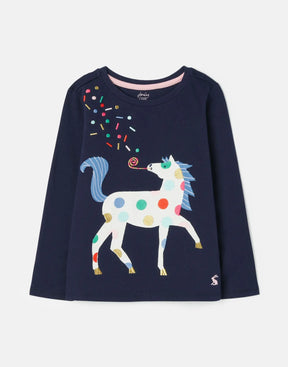 Joules Ava girls' navy long-sleeve T-shirt with white horse applique, colorful spots and confetti details