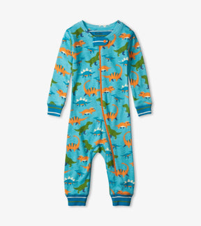 Front of Hatley turquoise Baby Dinos footless coverall with colorful dinosaur print and full-length zipper