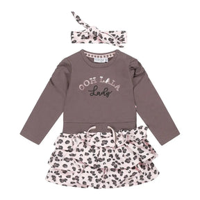 Front view of grey-brown Dirkje baby dress and panther-print headband