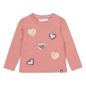 Front view of old-pink Dirkje baby girls shirt with colourful hearts