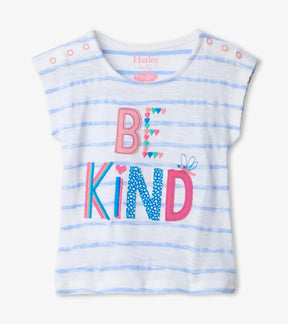 Hatley baby girls white and light-blue striped tee with colorful Be Kind embroidery, front view