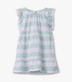 Hatley Beach Swiss Dots baby dress in white and pale aqua with ruffle sleeves, front view