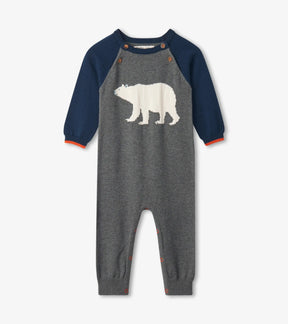 Hatley Bear Cub baby sweater romper in charcoal and navy with white bear motif, front view