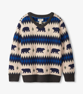 Front of Hatley Bear Fair Isle V-neck sweater with navy bears, blue patterned bands and charcoal ribbed trim