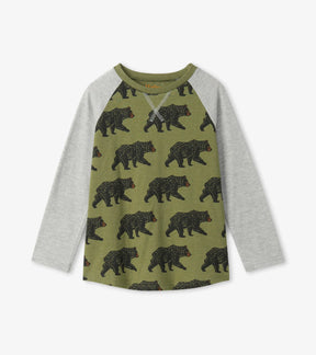 Hatley Black Bears boys raglan tee with olive body and grey sleeves, front view