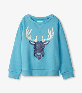 Hatley Blue Stag sweatshirt front in bright blue with a navy stag head, cream antlers and ribbed trim