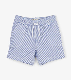 Hatley boys blue and white striped woven shorts with drawcord waist, front view