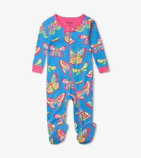 Hatley Botanical Butterflies blue footed coverall with pink trim and multicolor print, front view