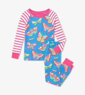 Hatley Botanical Butterflies girls pajama set, front view with blue butterfly print, pink striped sleeves and matching pants.