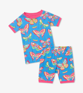 Front view of Hatley Botanical Butterflies short pajamas in blue with bright butterfly print, pink trim and matching shorts.