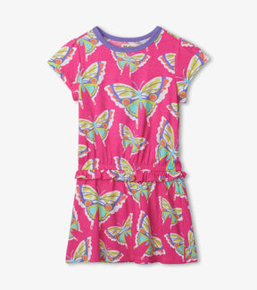 Front view of Hatley Botanical Butterflies pink cotton dress with ruffle waist