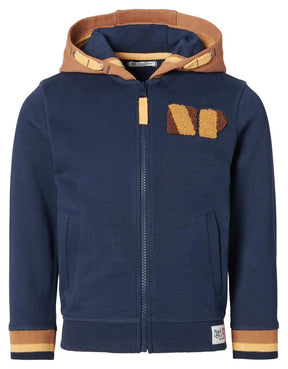 Noppies Gangavati navy boys cardigan with tan hood, striped cuffs and zip front, front view