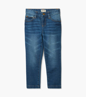 Front of Hatley boys blue stretch denim jeans with belt loops, riveted front pockets and contrast stitching.