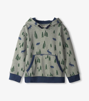 Front of Hatley Pine Forest hoodie in gray-green with trees, bears, moose, navy trim and a kangaroo pocket