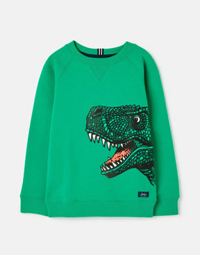 Joules Ventura Green Dinosaur Sweatshirt: front view with dinosaur head