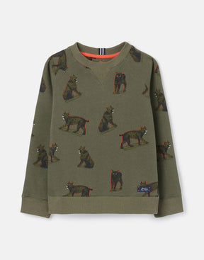 Joules Ventura Olive Big Cat Print Sweatshirt: front view of olive animal-print sweatshirt