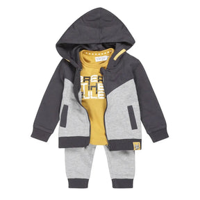 Front view of grey and blue Dirkje baby boys three-piece cardigan outfit set